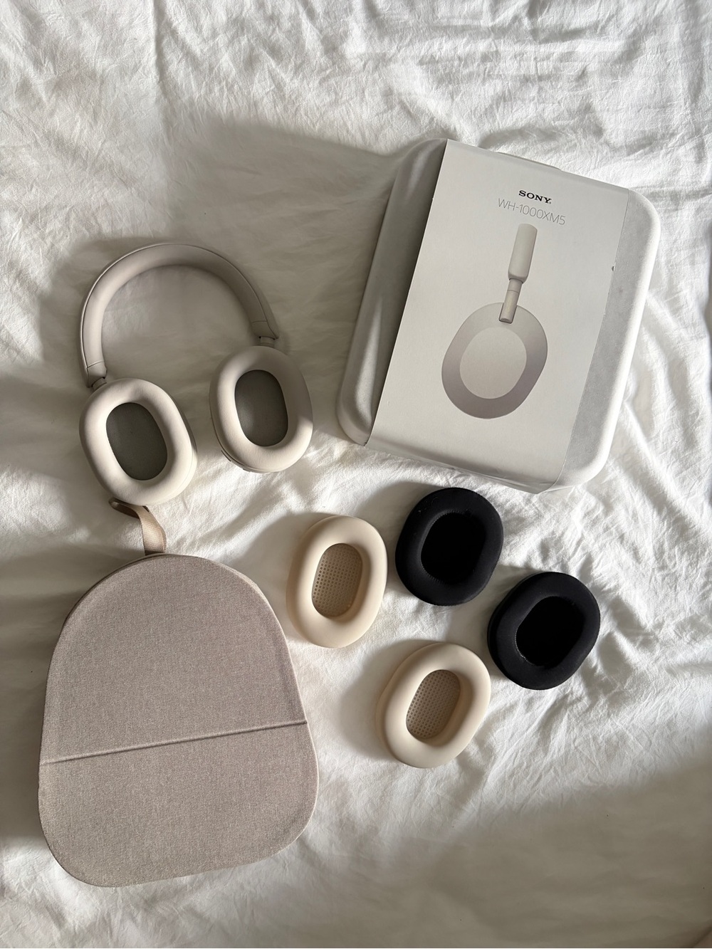 Sony Over-Ear Headphones with Ivory and Black Cushions and Beige Case